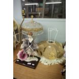 'FLORENCE' PORCELAIN FEMALE FIGURE TABLE LAMP WITH WOODEN OBLONG BASE AND FABRIC SHADE AN AN