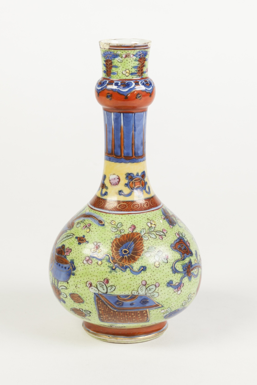 A CHINESE PORCELAIN BOTTLE SHAPE VASE, painted in underglaze blue with possibly 'clobbered'