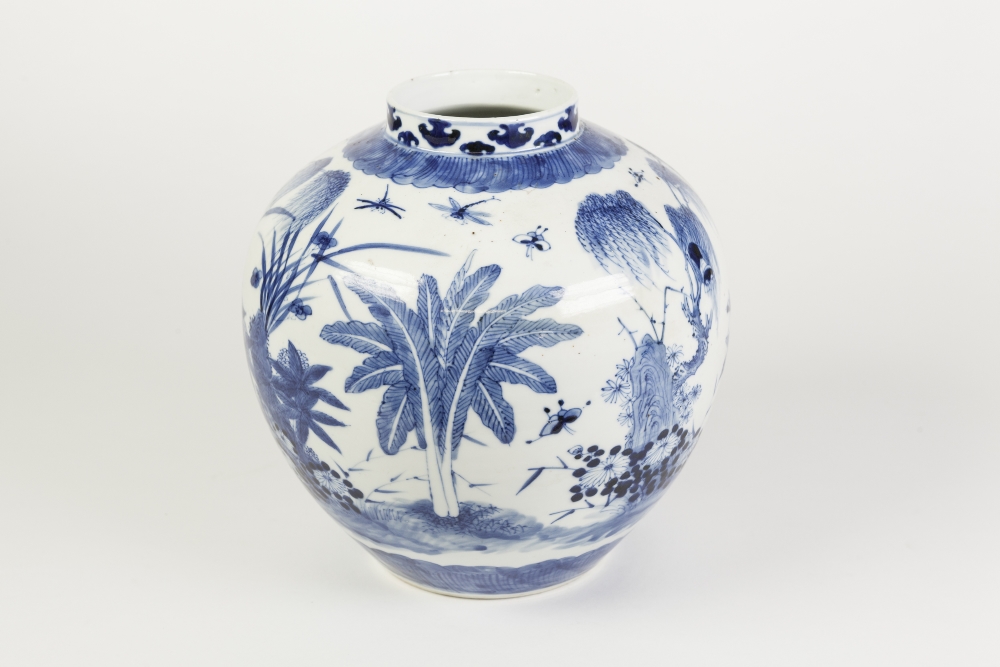 NINETEENTH CENTURY CHINESE BLUE AND WHITE PORCELAIN VASE, of baluster form, outlined and washed with