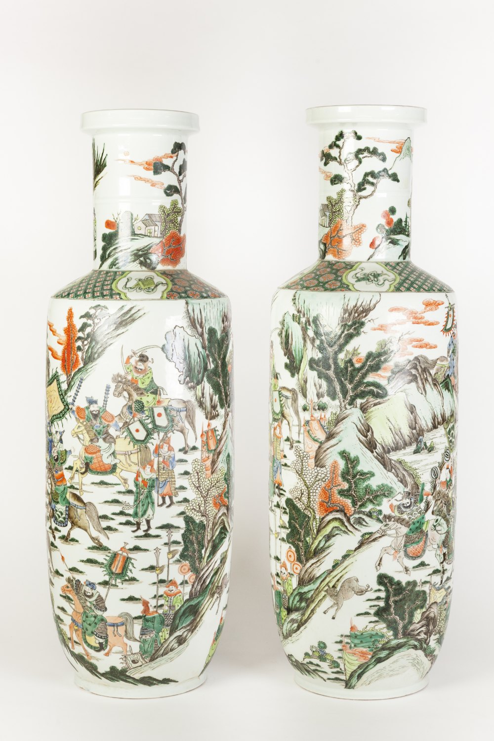 A GOOD PAIR OF CHINESE LATE QING DYNASTY PORCELAIN ROULEAU FORM FAMILLE VERTE VASES, each