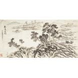 A TWENTIETH CENTURY CHINESE INK AND WATERCOLOUR DRAWING ON PAPER, of a lakeland landscape