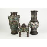 TWO JAPANESE BRONZE AND CLOISONNE ENAMEL VASES, in an archaistic style, a SIMILAR BRONZE AND