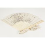 A GOOD CHINESE LATE QING DYNASTY CANTONESE SILK LEAF FAN, finely embroidered with egrets, exotic and