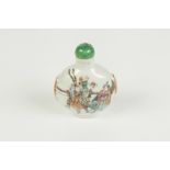 LATE NINETEENTH CENTURY CHINESE FAMILLE ROSE ENAMELLED PORCELAIN SNUFF BOTTLE, of circular form with