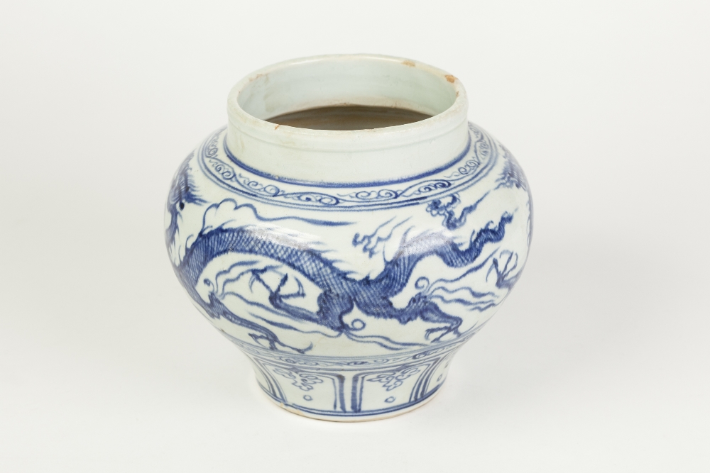 AN AGED PROBABLY KOREAN PORCELAIN SQUAT INVERTED BALUSTER SHAPE JAR, painted in a Ming dynasty style - Image 2 of 4