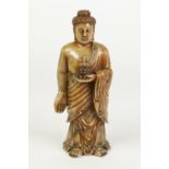 AN AGED CHINESE QING DYNASTY PROBABLY KANGXI (1662-1722) PERIOD CARVED SOAPSTONE FIGURE OF BUDDHA,