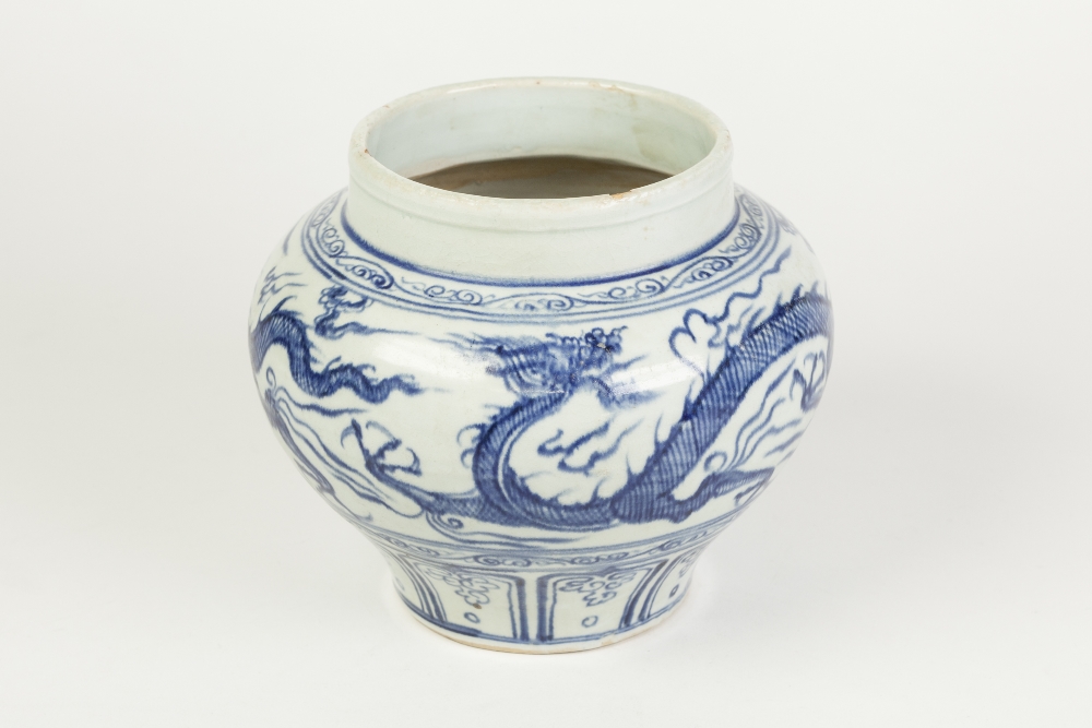 AN AGED PROBABLY KOREAN PORCELAIN SQUAT INVERTED BALUSTER SHAPE JAR, painted in a Ming dynasty style - Image 3 of 4