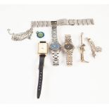 MODERN GUCCI STAINLESS STEEL PARCEL GILT CASED LADY'S QUARTZ BRACELET WATCH, TWO OTHER LADY'S