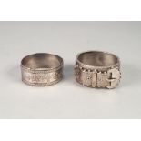 VICTORIAN SILVER BROAD HINGE OPENING BANGLE, the engraved top having applied strap and buckle