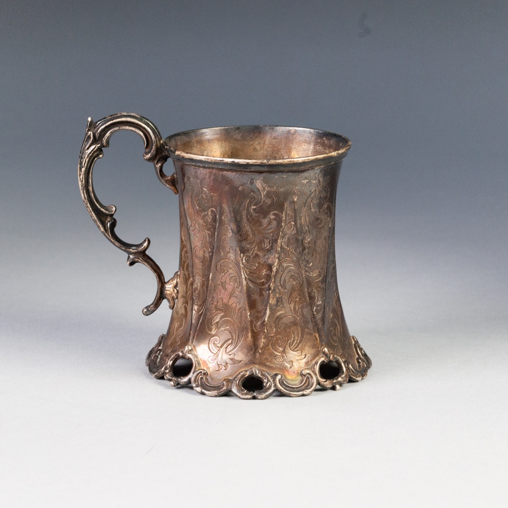 VICTORIAN 'GOTHIC' SILVER HALF PINT MUG of waisted form with 'V' shaped panels to the side, engraved