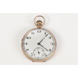 9ct GOLD OPEN FACED POCKET WATCH, with Swiss keyless movement, white Arabic dial with subsidiary
