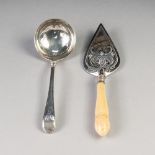 GEORGE II SILVER SAUCE LADLE, Early English pattern with feathered edge handle, engraved with a