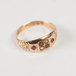 VICTORIAN 15ct GOLD RING, gypsy set with four seed pearls, flanked by two tiny rubies, engraved