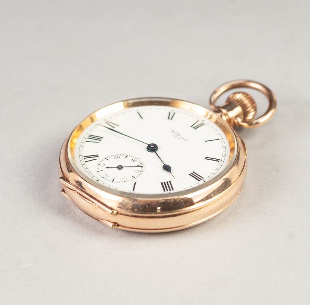 AN EARLY TWENTIETH CENTURY WALTHAM GOLD PLATED CASED OPEN FACE KEYLESS GENTLEMAN'S POCKET WATCH, - Image 4 of 6