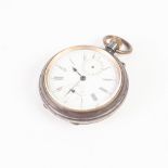 'THE NEWMARKET' SWISS OPEN FACED POCKET WATCH with keyless movement, in gun metal case, the white