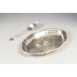 CONTINENTAL SILVER COLOURED METAL SMALL OVAL TRAY STAND, with shaped and moulded border with stepped