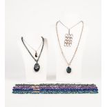 FOUR NECKLACES OF CHIP HARDSTONE BEADS AND FOUR OTHER NECKLACES with pendants including a silver and