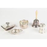 A SILVER PEPPER MILL, London 1939, TOGETHER WITH A SILVER IVORY HANDLED TABLE BELL, London 1909, A