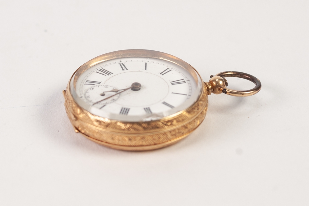 A SWISS 18K GOLD CASED LADY'S KEYWIND FOB WATCH with foliate scroll engraved case, 45.8gms gross (