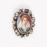 CONTINENTAL SILVER COLOURED METAL OVAL BROOCH/PENDANT, set with a painted oval miniature of a lady