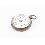 LADY'S SWISS ENGRAVED SILVER POCKET WATCH, with keywind movement, decorated white porcelain Roman