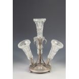 AN EARLY TWENTIETH CENTURY PLATED EPERGNE with three pressed glass receivers