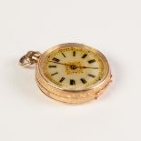 LADY'S 18ct GOLD POCKET WATCH, with keyless movement, gilt decorated porcelain dial, all over