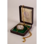 AN EDWARDIAN 9CT GOLD CASED LADY'S FOB WATCH, suspended from a gold (unmarked) bowed ribbon