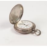 A SILVER COLOURED METAL (800 mark) HUNTER POCKET WATCH, with keywind movement, the white dial marked