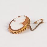 OVAL SHELL CAMEO BROOCH, carved with a female bust in 9ct gold frame with spirally twisted surround,