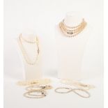 SEVEN VARIOUS IMITATION PEARL NECKLACES, one with small 9ct gold clasp (7)