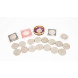 NINETEEN ELIZABETH II CROWN COINS, various dates and an Elizabeth II coronation souvenir tin holding