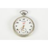 A MADE IN THE USSR SERKISOF KEYLESS WHITE METAL CASED OPEN FACE RAILWAYMAN'S POCKET WATCH, the
