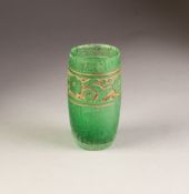 DAUM, NANCY EARLY TWENTIETH CENTURY CUT GREEN GLASS BEAKER VASE, of slightly swollen form, decorated