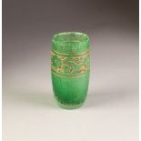 DAUM, NANCY EARLY TWENTIETH CENTURY CUT GREEN GLASS BEAKER VASE, of slightly swollen form, decorated