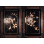 PAIR OF ORIENTAL MOTHER OF PEARL AND BONE MOUNTED BLACK LACQUERED WALL PANELS, each of oblong