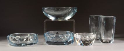 FIVE PIECES OF STROMBERGSHYTTAN, SWEDISH CLEAR GLASS, comprising: PAIR OF LOZENGE SHAPED VASES,