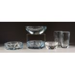 FIVE PIECES OF STROMBERGSHYTTAN, SWEDISH CLEAR GLASS, comprising: PAIR OF LOZENGE SHAPED VASES,