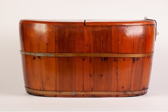 CHINESE BRASS MOUNTED PINE WOOD FOOD CONTAINER, of rounded oblong form with flat two part cover,