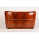 CHINESE BRASS MOUNTED PINE WOOD FOOD CONTAINER, of rounded oblong form with flat two part cover,