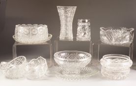 ELEVEN PIECES OF CUT AND MOULDED GLASS, to include: TWO FRUIT BOWLS, PAIR OF BOAT SHAPED SERVING