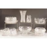 ELEVEN PIECES OF CUT AND MOULDED GLASS, to include: TWO FRUIT BOWLS, PAIR OF BOAT SHAPED SERVING