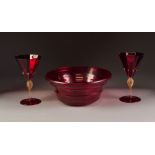 POSSIBLY WHITEFRIARS, STYLISH RUBY GLASS BOWL, of ribbed, flared form, 3 ¾" (9.5cm) high, 9" (22.