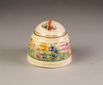 CLARICE CLIFF FOR NEWPORT POTTERY HONEY POT AND COVER, of skep form with bee pattern finial, painted