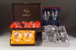 ROYAL COUNTY BOXED MOULDED GLASS SQUARE DECANTER AND PAIR OF TUMBLERS SET, together with THREE BOXED