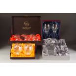 ROYAL COUNTY BOXED MOULDED GLASS SQUARE DECANTER AND PAIR OF TUMBLERS SET, together with THREE BOXED