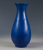 PILKINGTONS ROYAL LANCASTRIAN KING FISHER BLUE GLAZED POTTERY VASE, of slender ovoid form with