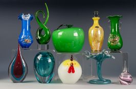 TEN PIECES OF MODERN COLOURED GLASS, including: MURANO YELLOW STREAKED BOTTLE AND STOPPER, CHINESE