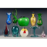 TEN PIECES OF MODERN COLOURED GLASS, including: MURANO YELLOW STREAKED BOTTLE AND STOPPER, CHINESE