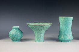 THREE PILKINGTONS ROYAL LANCASTRIAN POTTERY VASES IN MOTTLED PALE TURQUOISE MATT GLAZE,